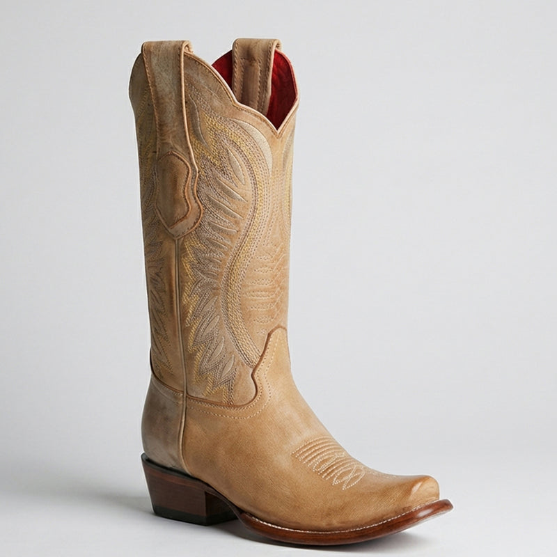 Los Altos women's light brown leather western boot semi square toe vintage finish.