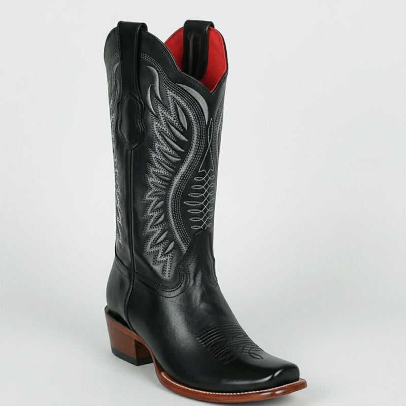 Los Altos women's black leather western boot semi square toe profile.