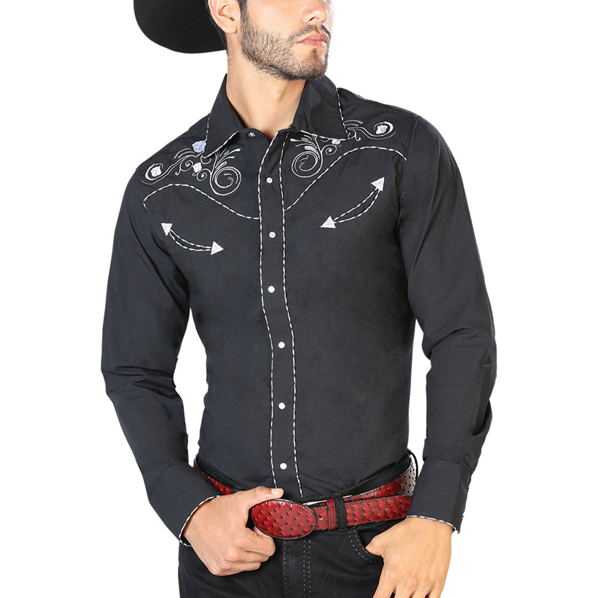 Flower Embroidered Black Western Shirt