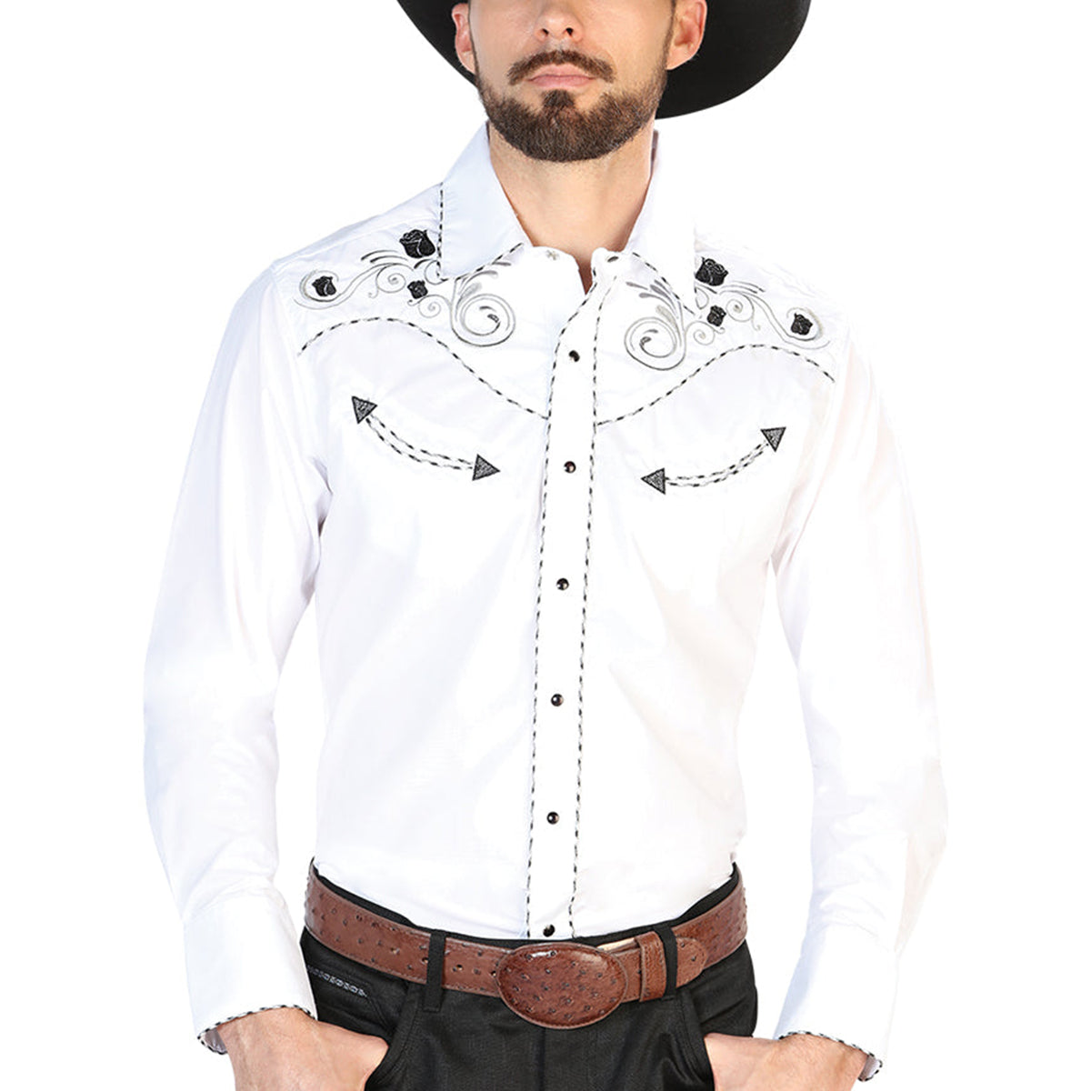 Flower Embroidered White Western Shirt
