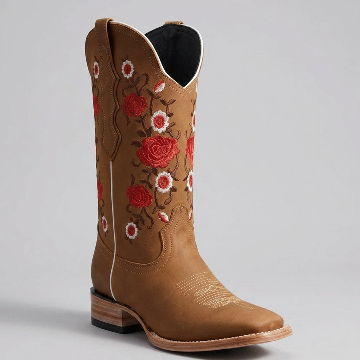 White Diamonds tan brown leather square toe with red and white embroidered floral roses cowgirl boot.