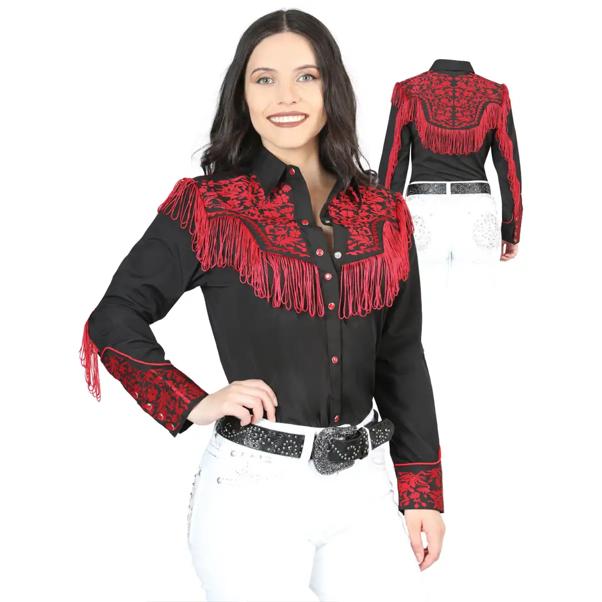 A woman modeling a black western-style long-sleeve shirt with red fringe and floral embroidery, paired with white embellished jeans and a black studded belt. A smaller inset at the upper right shows the back view of the shirt.