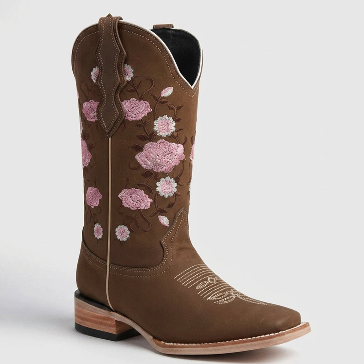 White Diamonds women's brown square toe with pink embroidered roses on shaft cowgirl boot.