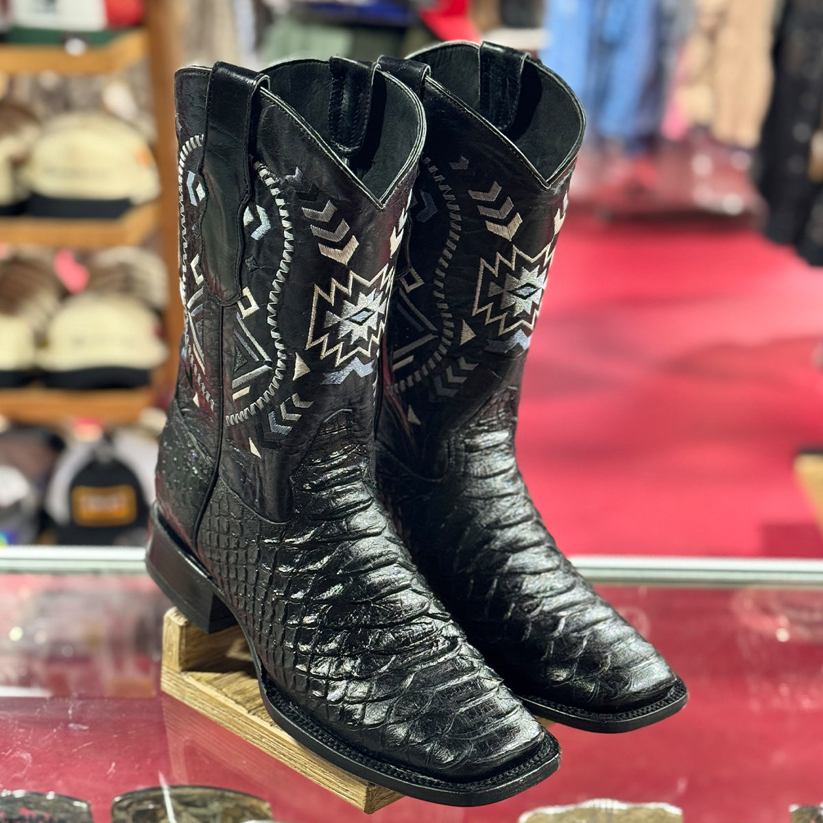 El General Men's Black Python Print Square Toe Western Boot