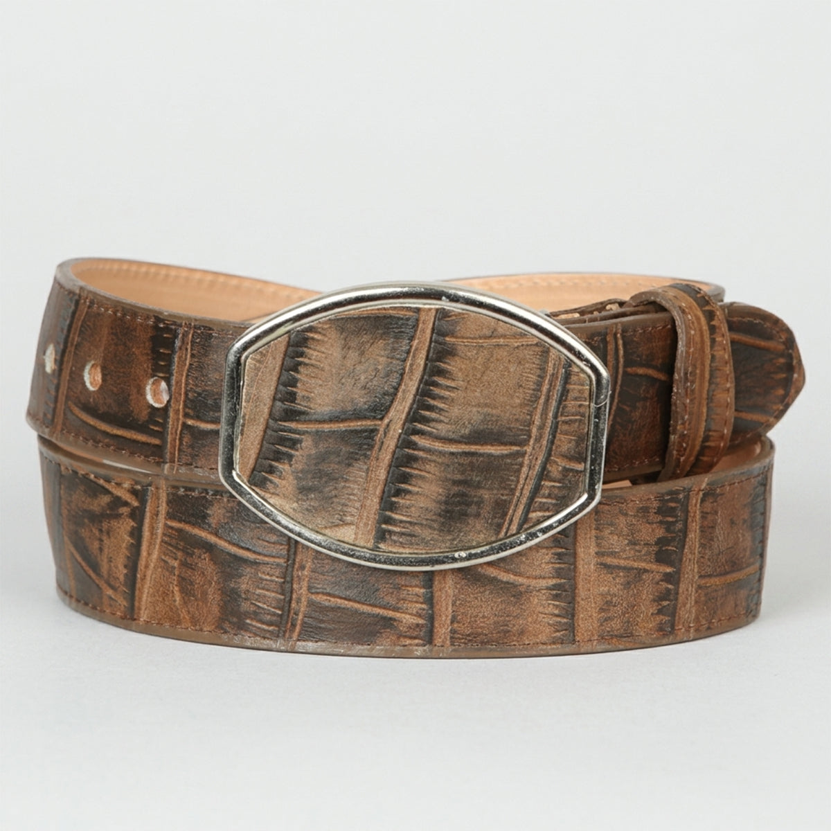 Men's brown Alligator print leather belt with a silver buckle on a white background.
