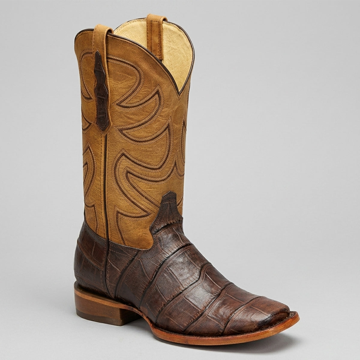 El General men's dark brown and tan upper square toe cowboy boot with Alligator print design.