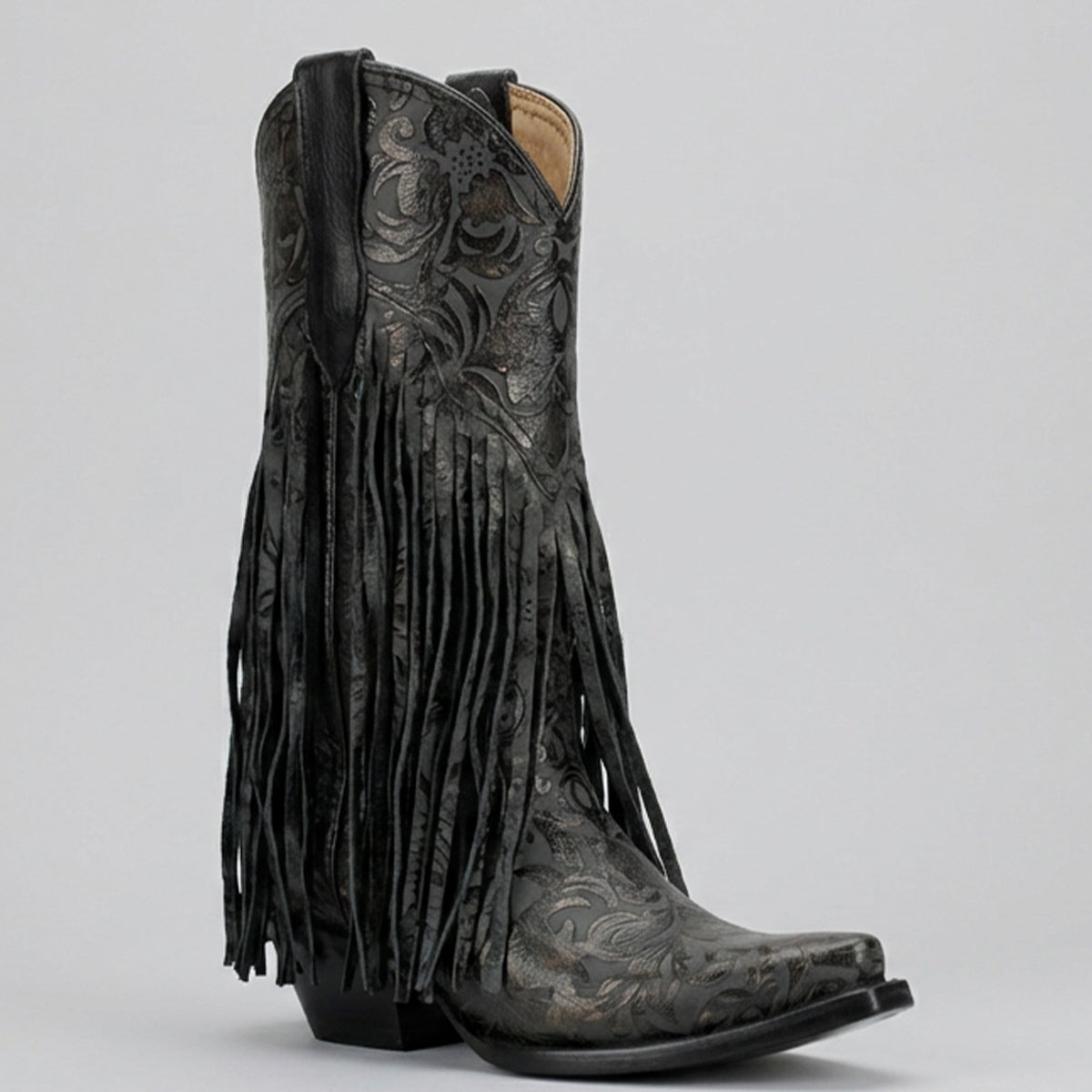 Women's Ash Black Fringe Cowgirl Boot Snip Toe