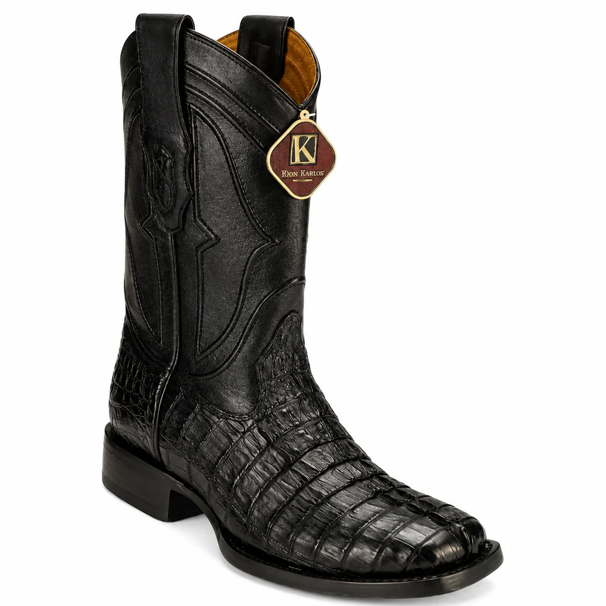 King Exotic men's black caiman tail leather square toe western boot.