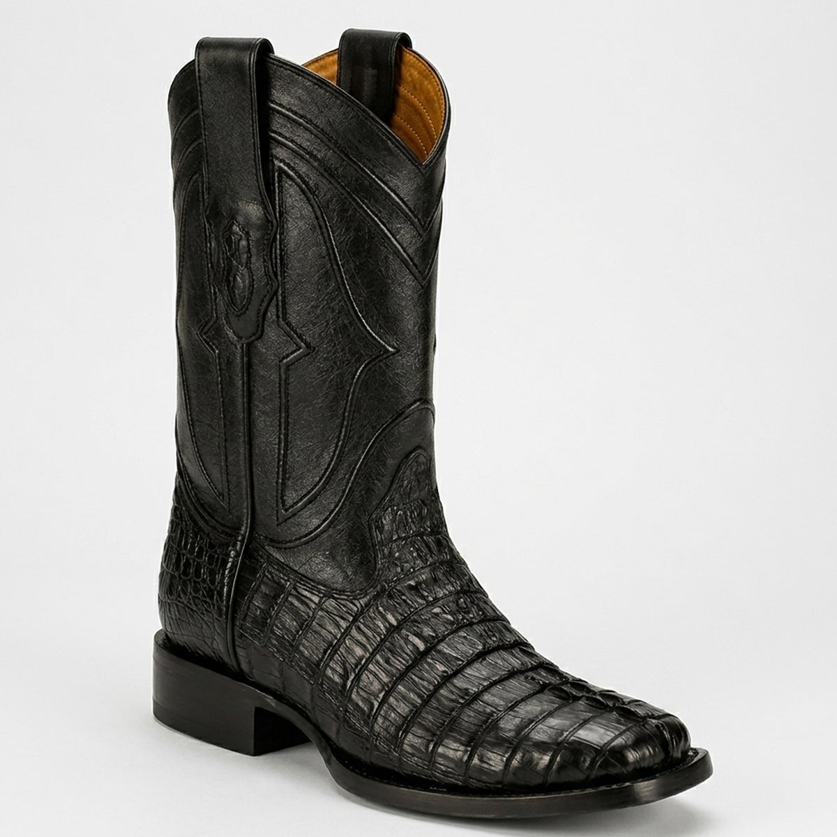 King Exotic men's black caiman tail leather square toe cowboy boot.