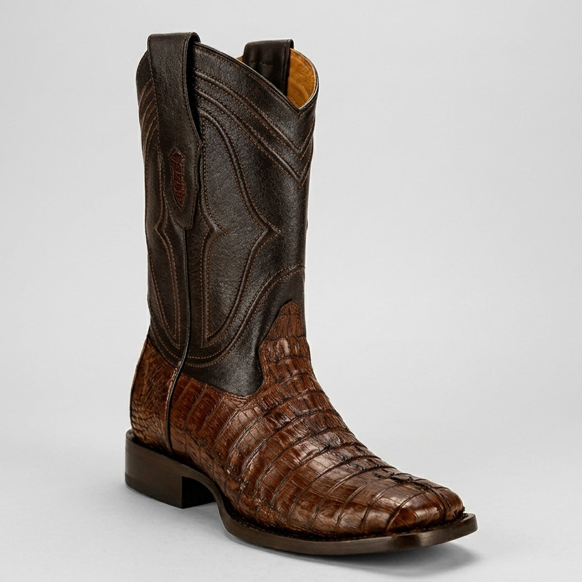 King Exotic men's brown caiman tail leather square toe cowboy boot.