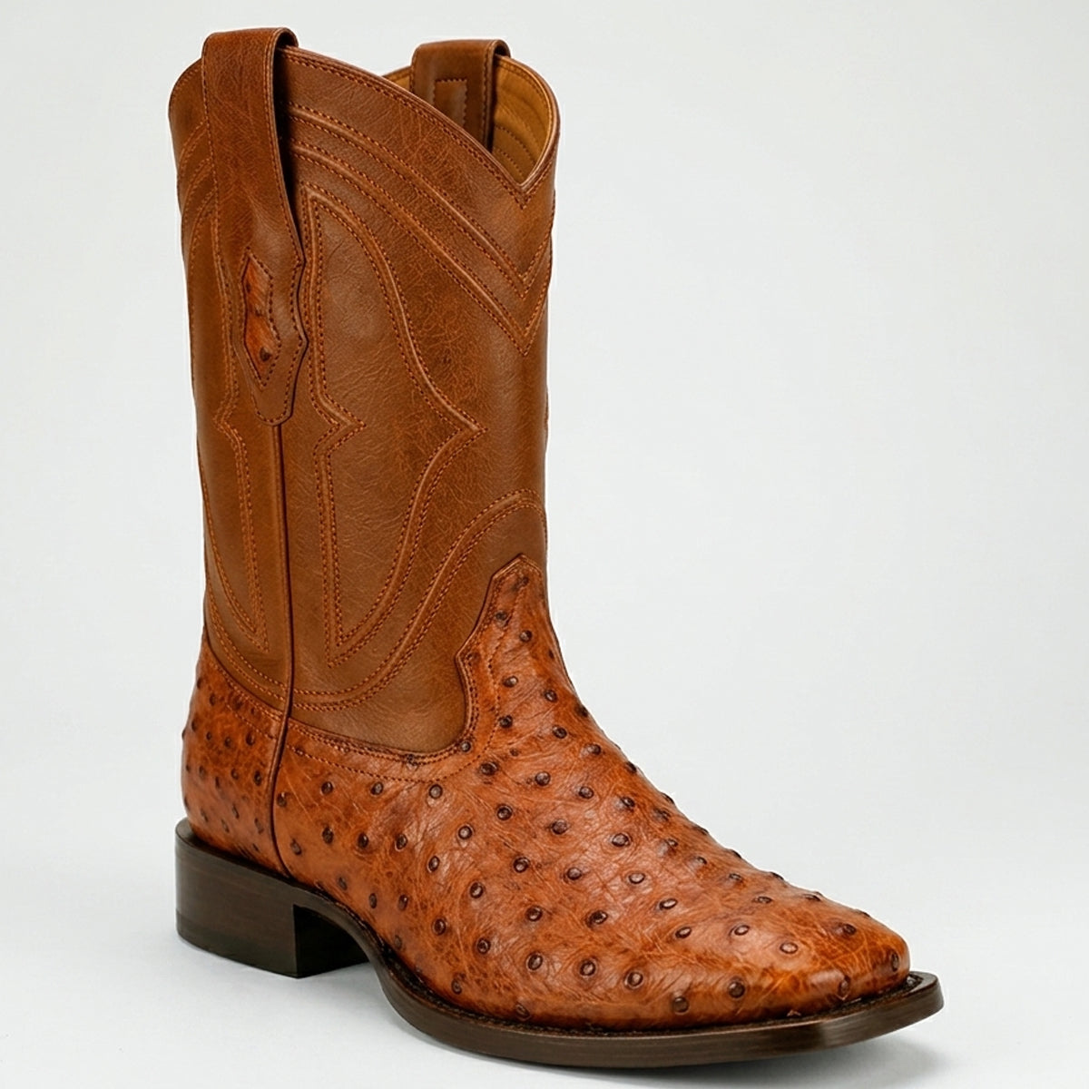 King Exotic men's brandy full quill ostrich leather square toe cowboy boot.