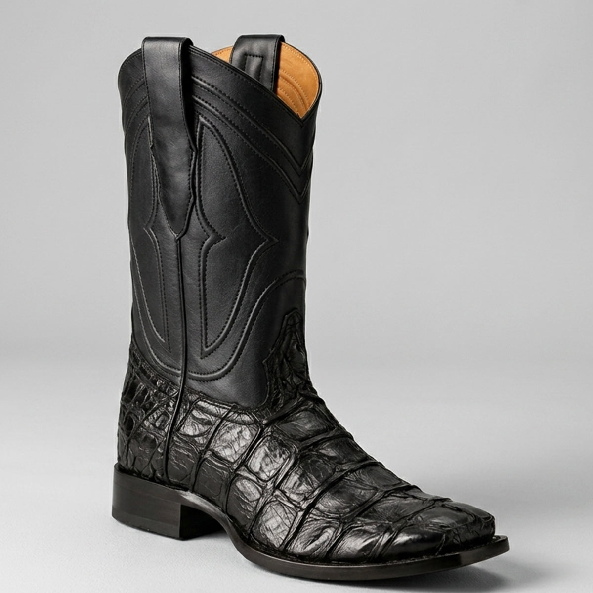 King Exotic men's black pirarucu square toe cowboy boot.