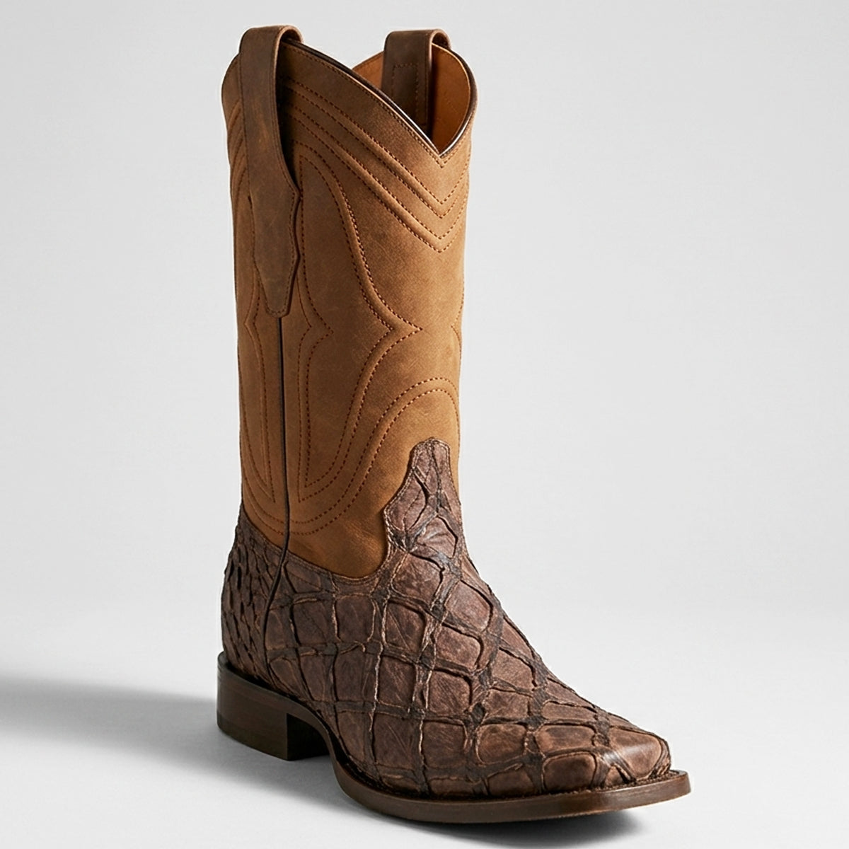 tobacco leather boots King Exotic Men's Tobacco Brown Pirarucu Square Toe Cowboy Boots