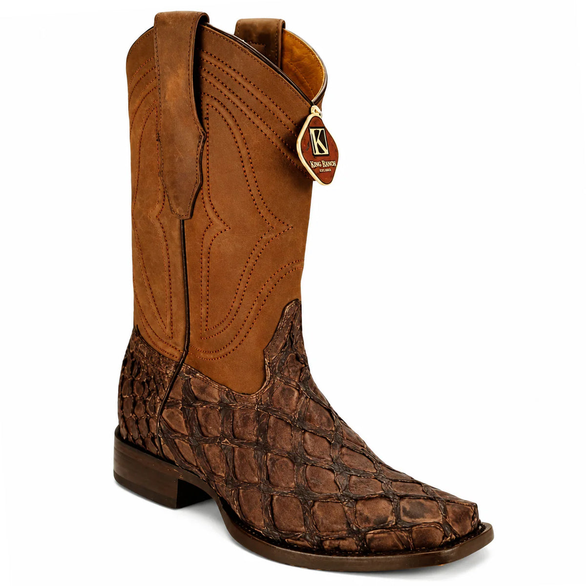 King Exotic men's brown pirarucu wide square toe western boot.