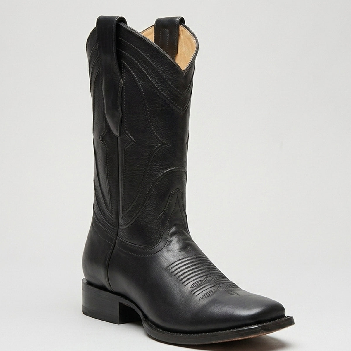 A King Exotic men's black leather cowboy boot with a square toe and low block heel, photographed against a plain light gray background.