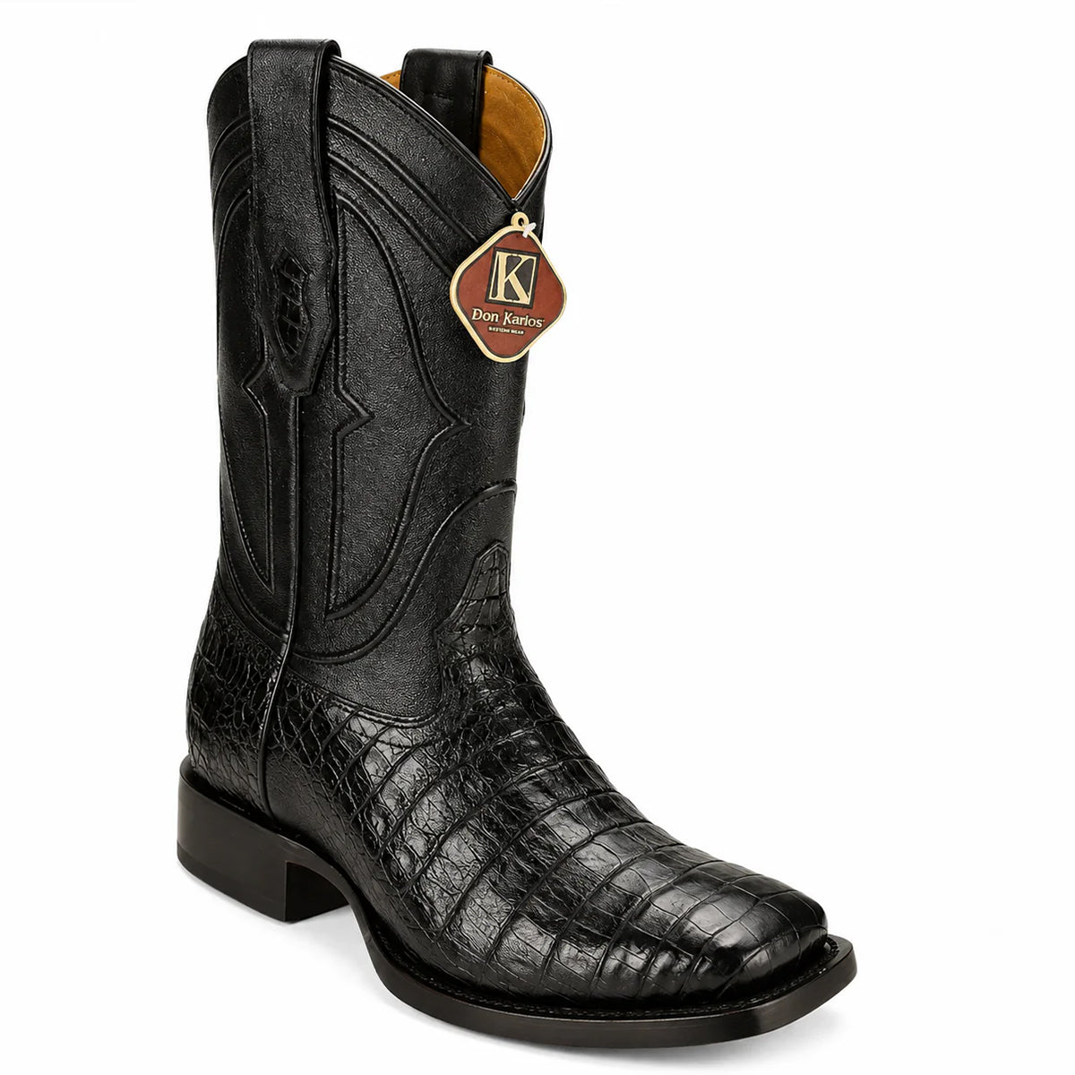 King Exotic men's black caiman belly leather square toe cowboy boot.