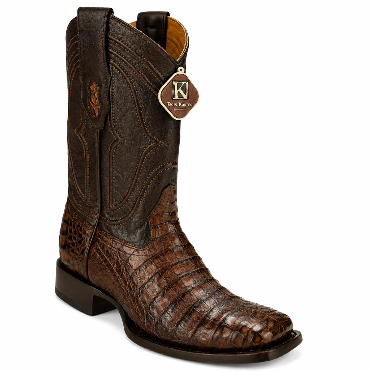 King Exotic men's brown caiman belly leather square toe cowboy boot.