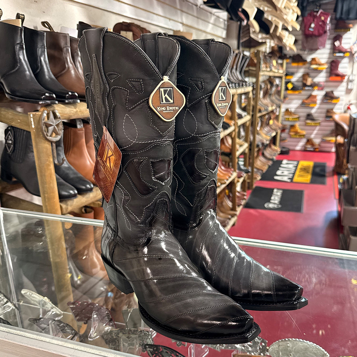 King Exotic Bota Vaquera de Anguila Gris Difuminado Punta Recortada