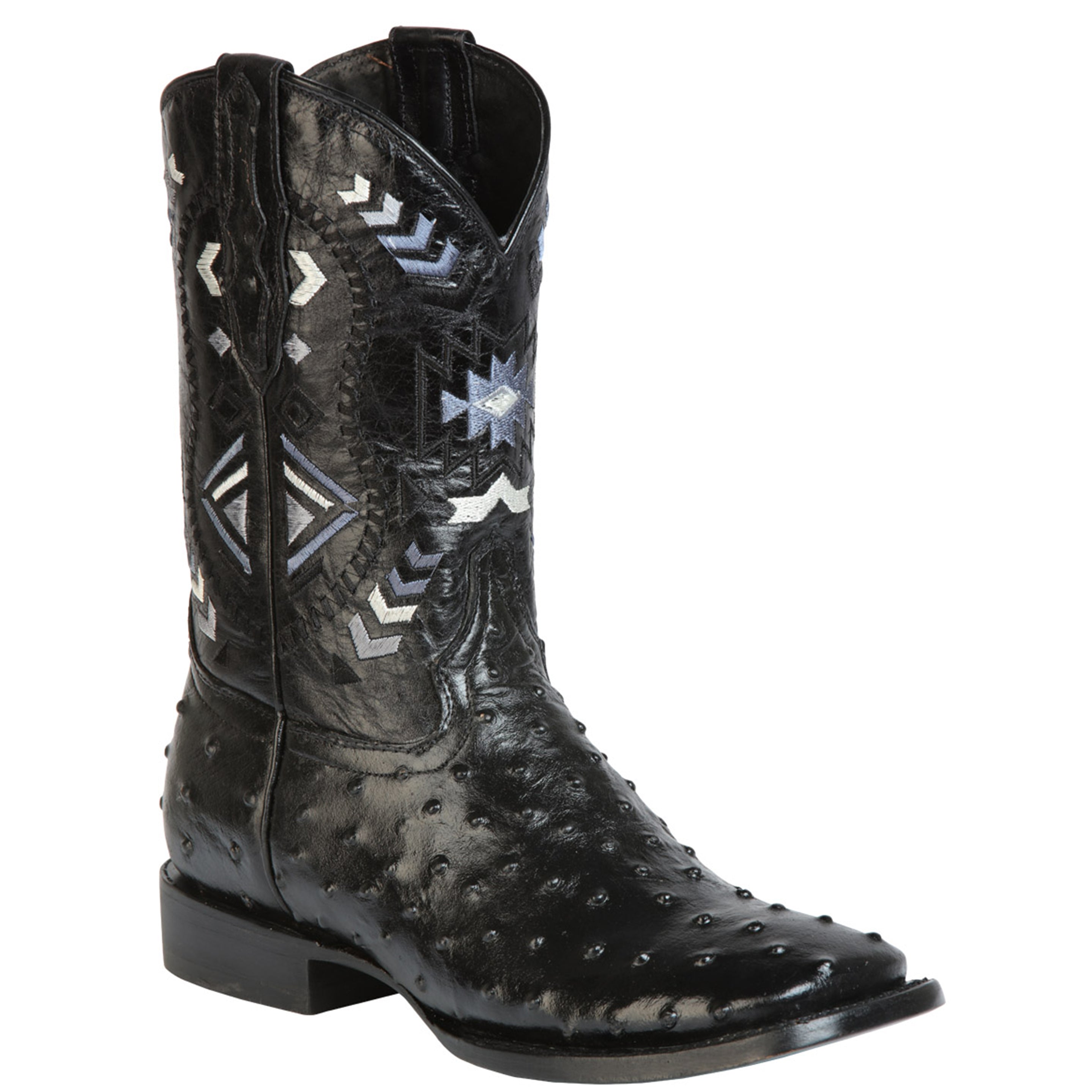 Black square toe cowboy boot ostrich print