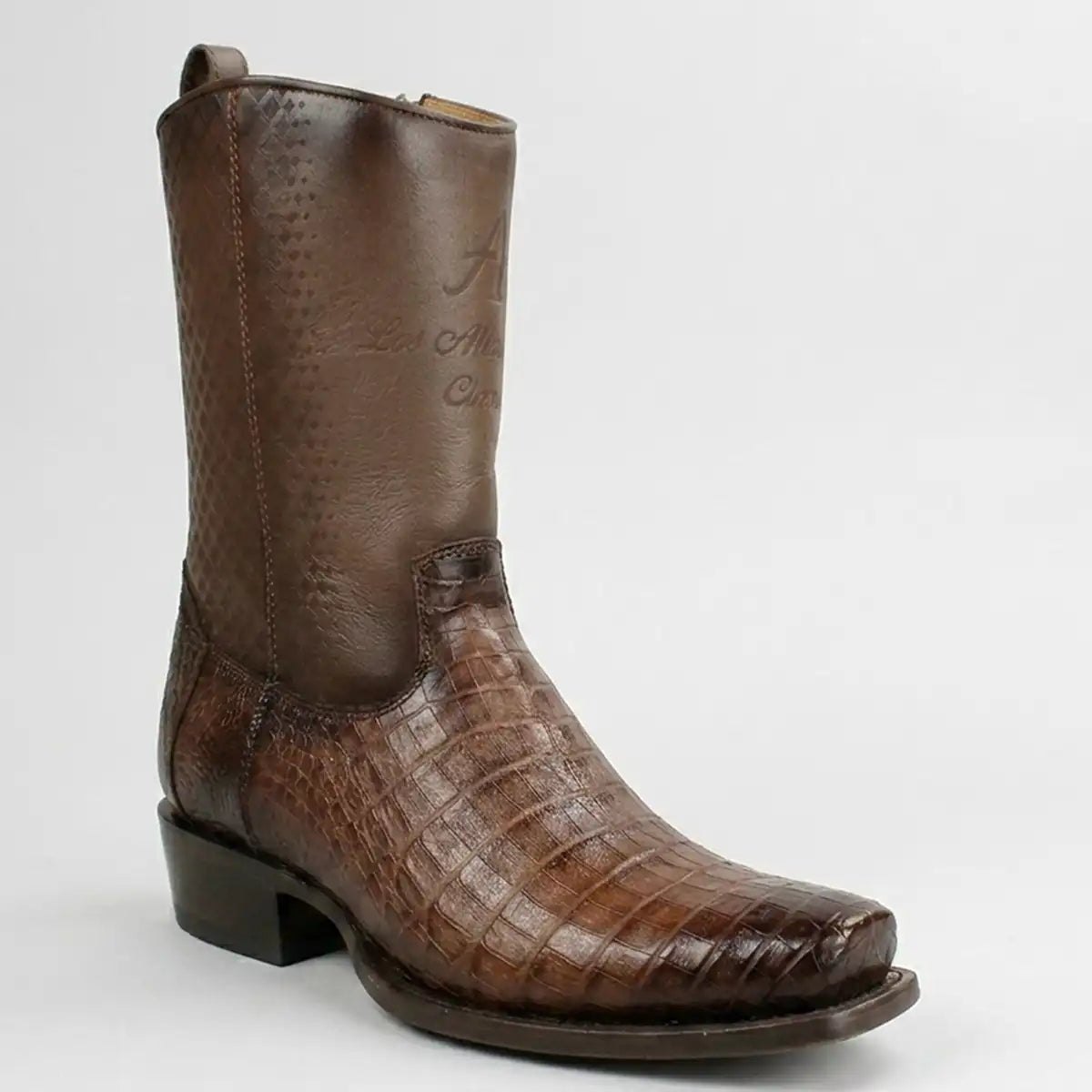 Los Altos men's brown caiman belly leather square toe cowboy boot with a dark brown block heel, shown against a plain light gray background.