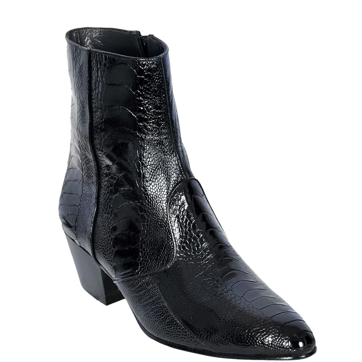 Mens Black Ostrich Leg Cuban Heel Ankle Boot