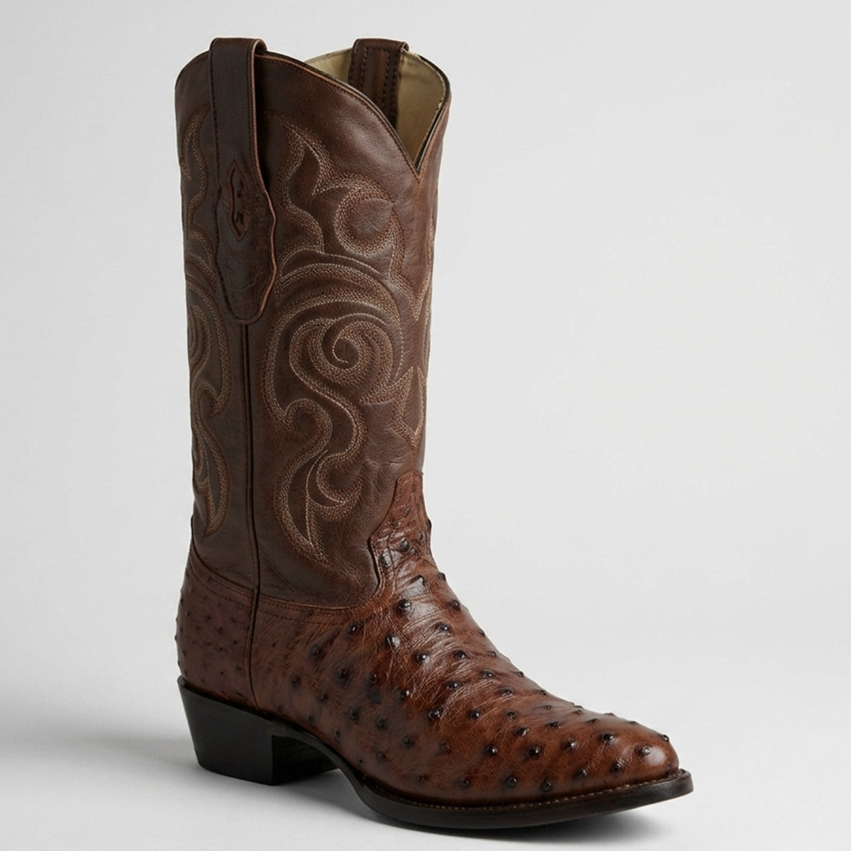 Los Altos men's kango brown full quill ostrich cowboy boot round toe profile.