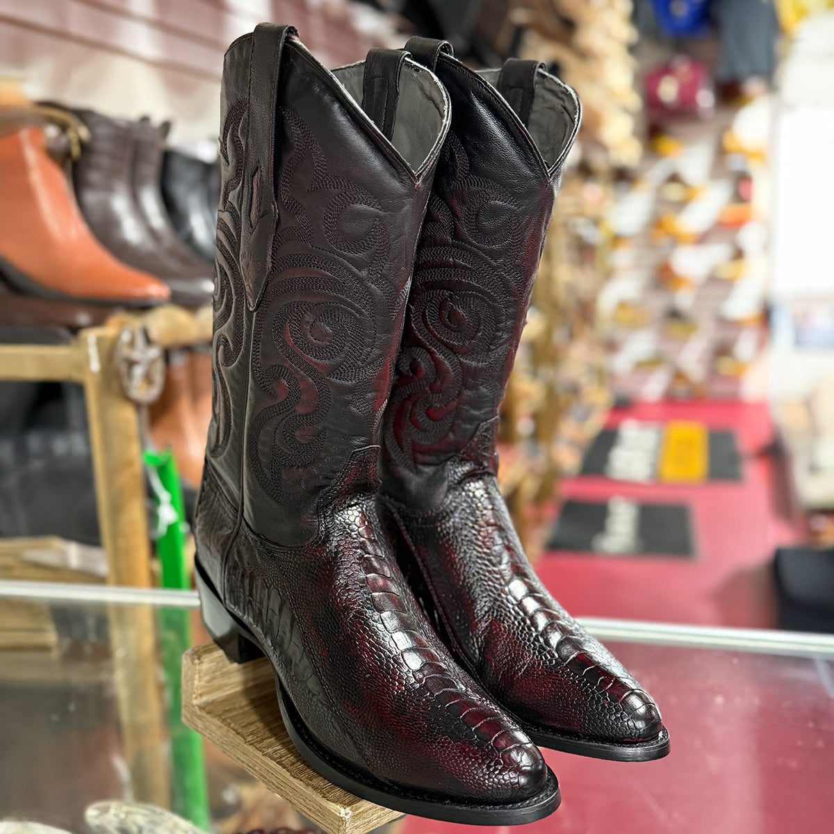 Los Altos men's black cherry genuine caiman belly leather western boots round toe profile.
