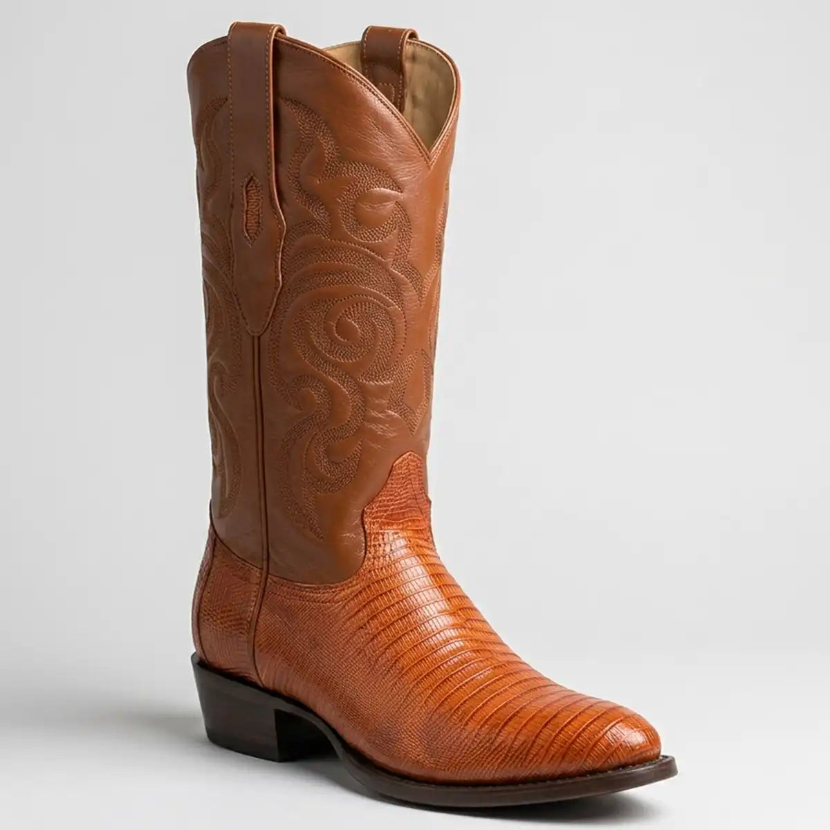 Los Altos Men's exotic cognac lizard skin cowboy boot with a classic round toe and matching embroidered leather shaft.