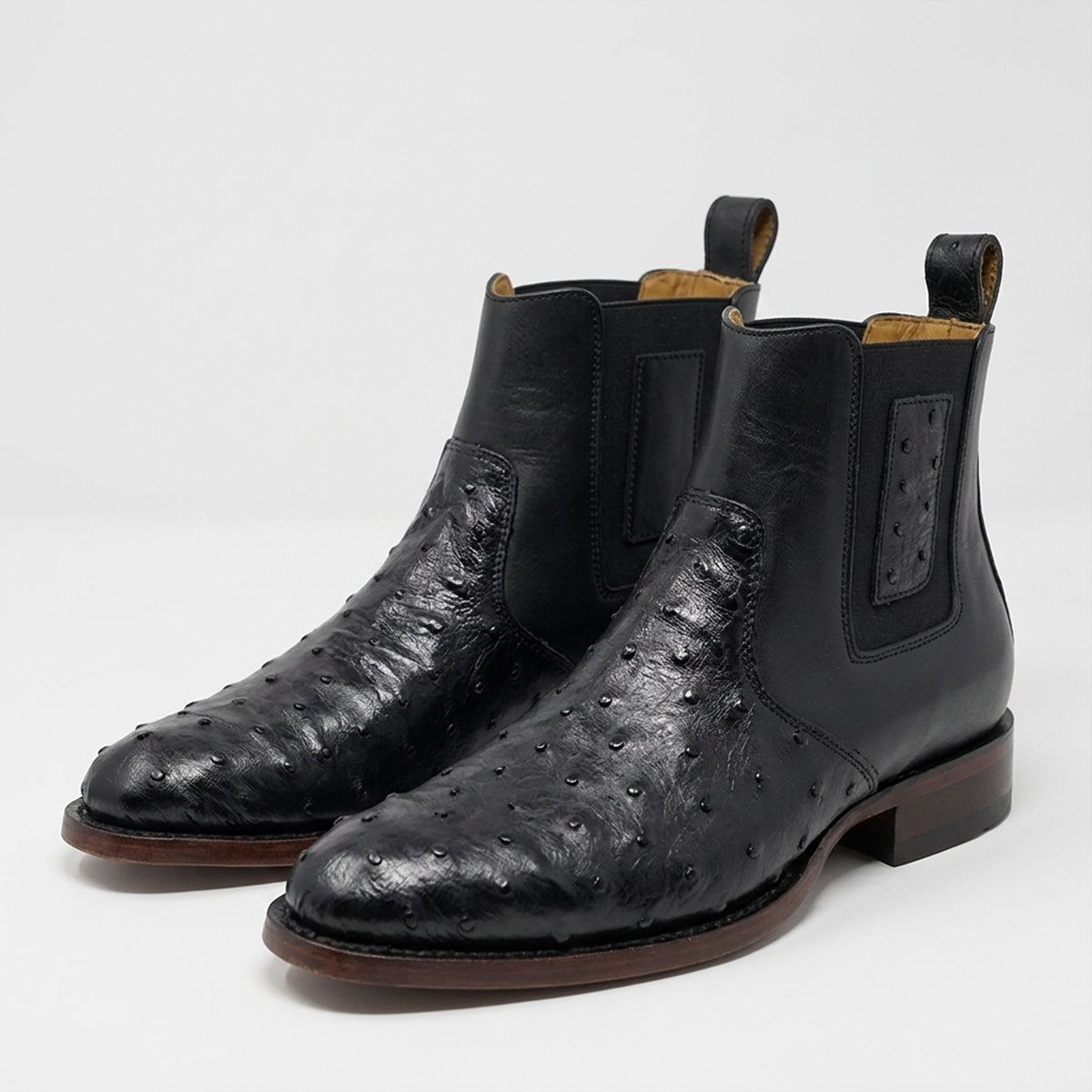 Los Altos men's black full quill ostrich leather Chelsea boots.