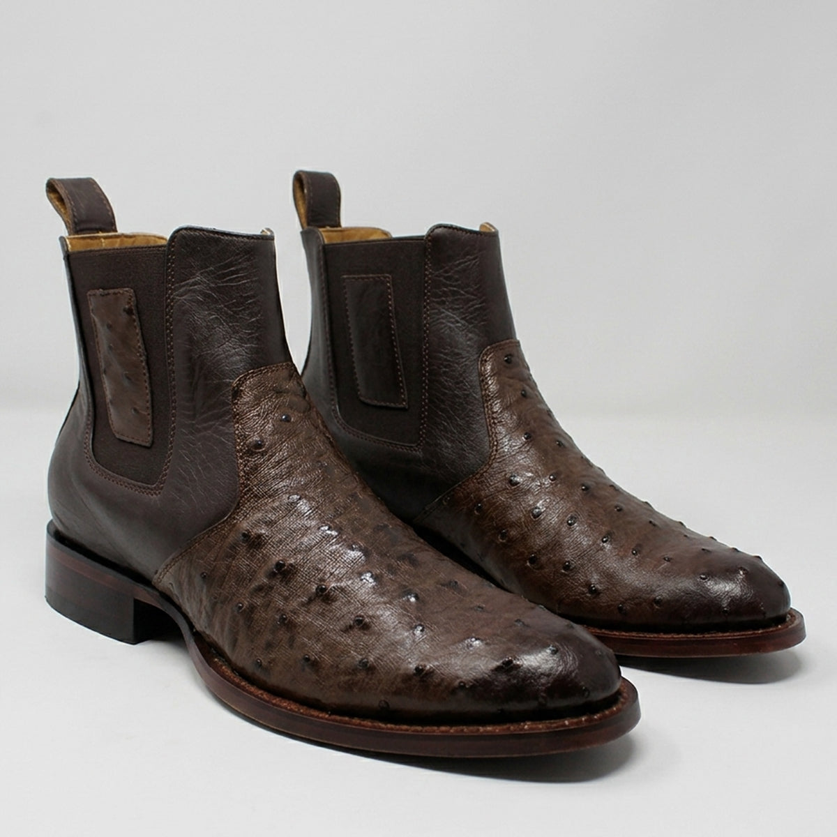 Los Altos men's brown full quill ostrich leather Chelsea boots.
