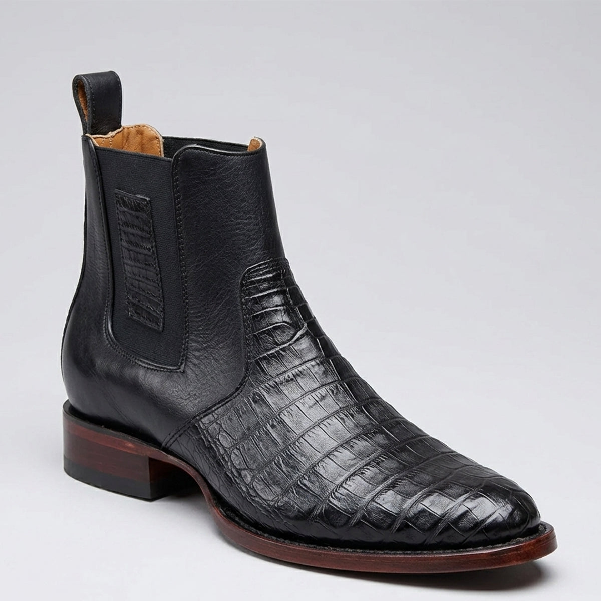 Los Altos men's black caiman belly leather Chelsea boot with round toe profile.