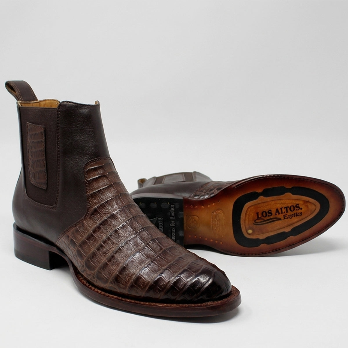 Los Altos men's brown caiman belly leather western Chelsea boot with leather sole.