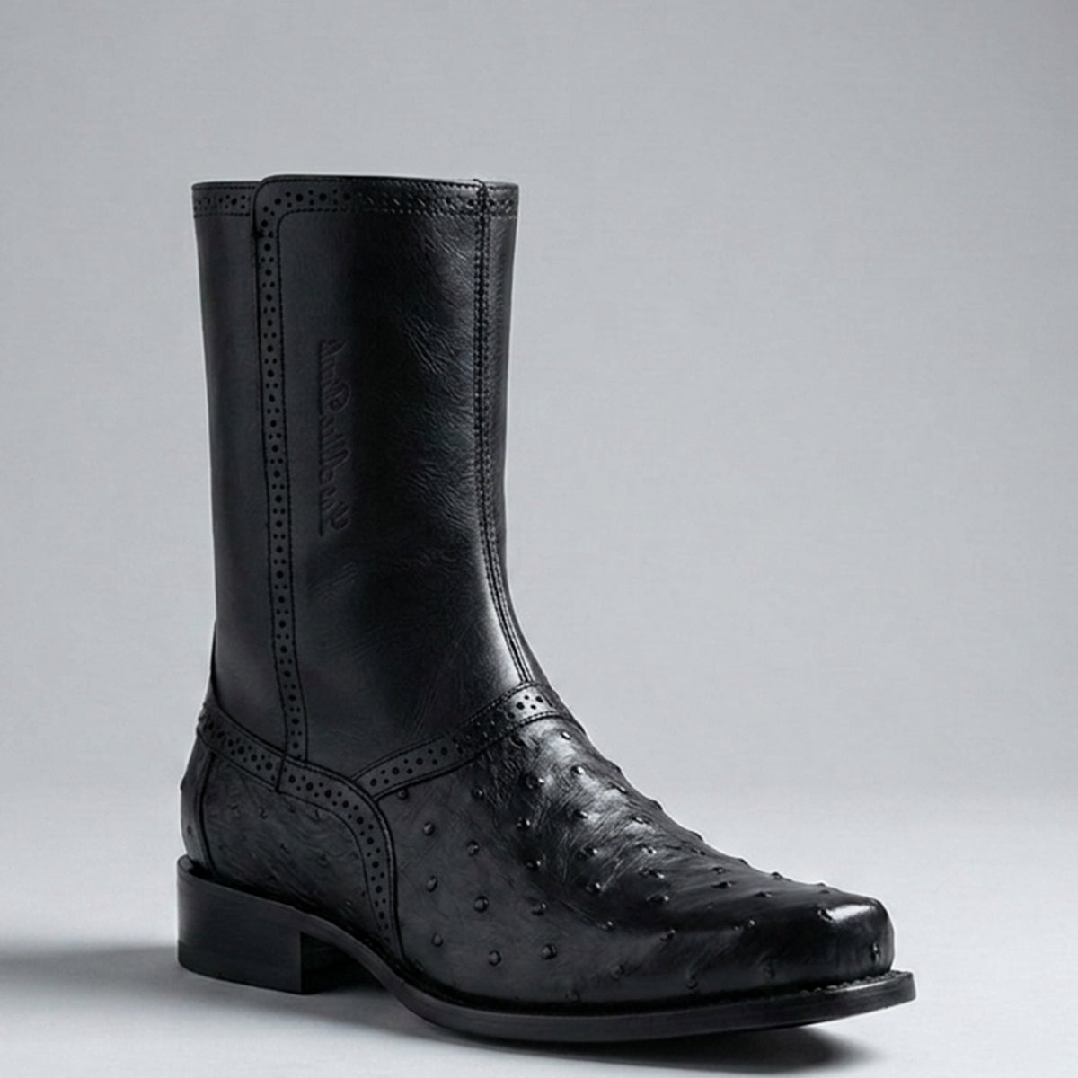 Los Altos Men's short black full quill ostrich leather dress boot featuring a round R-toe, brogue perforations, 9-inch shaft, and inner zipper closure.