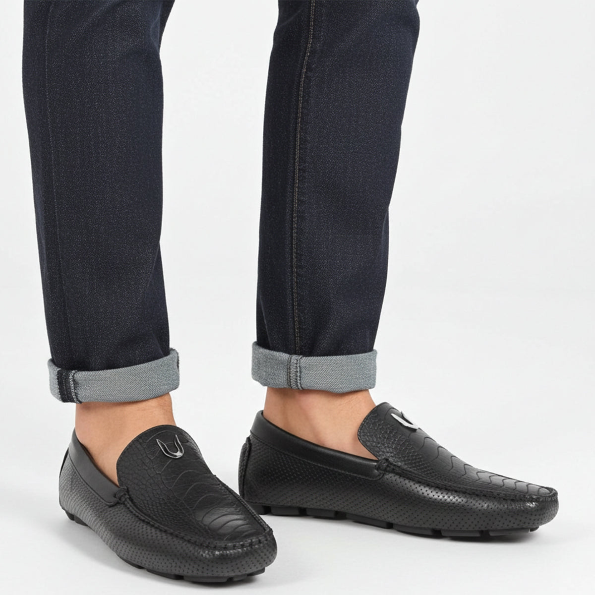 Vestigium Black Ostrich Leg Moccasins being worn