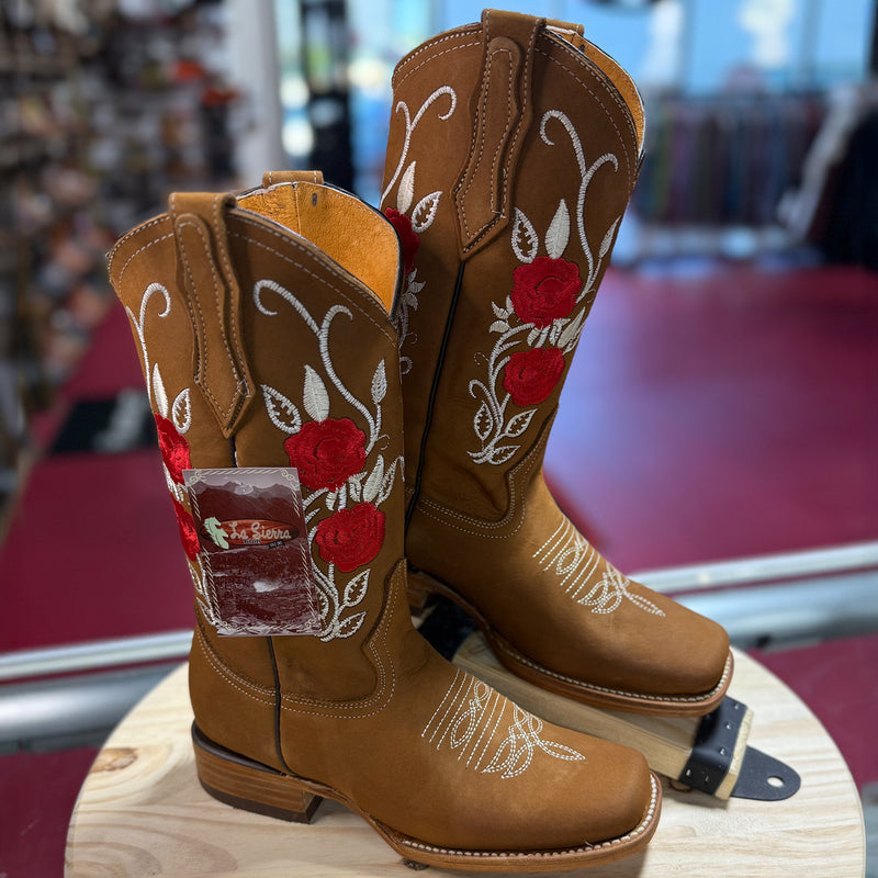 Red Rose Square Toe Cowgirl Boots
