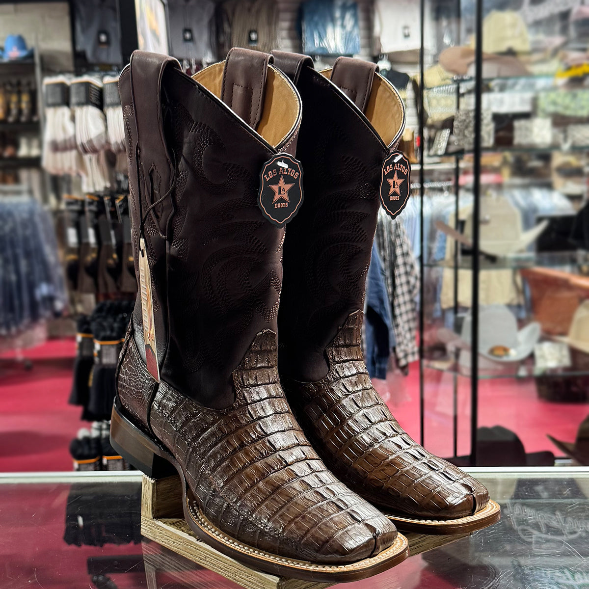 Los Altos Brown Square Toe Caiman Tail Cowboy Boots