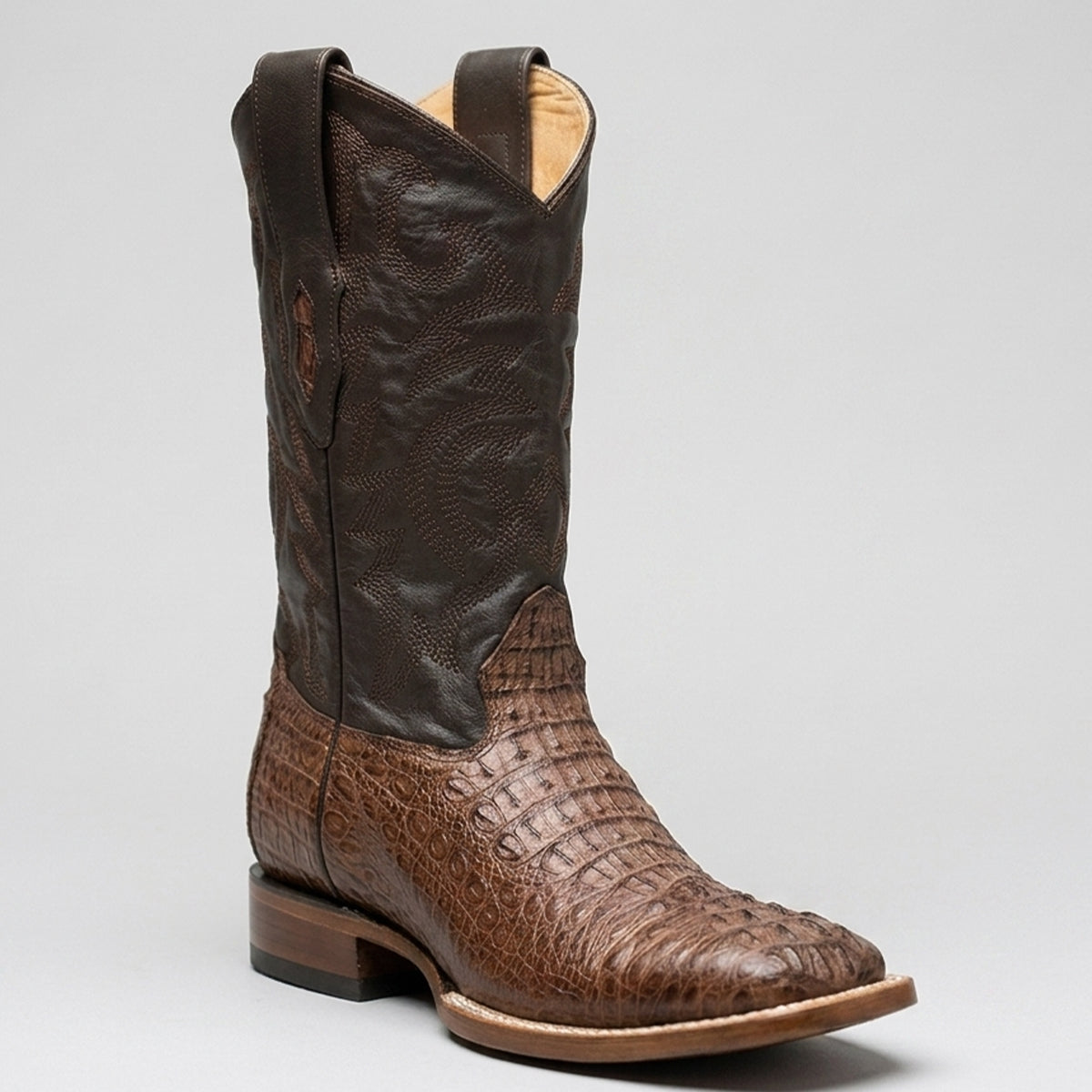 Los Altos men's western cowboy boot featuring a textured brown caiman hornback leather foot with raised ridges, a stitched dark brown leather shaft, and a square toe.
