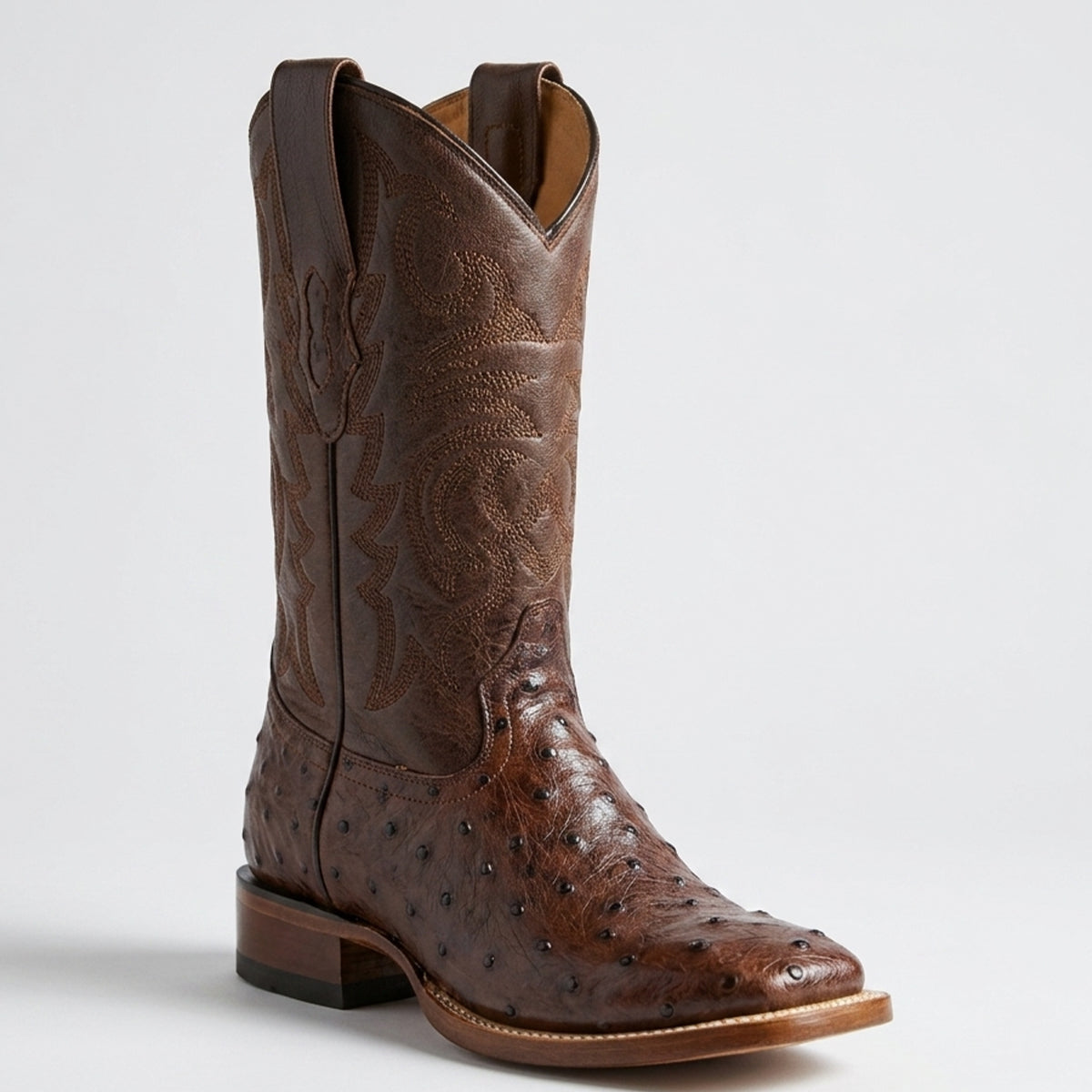 Los Altos men's brown full quill ostrich leather square toe cowboy boot on a light gray background.