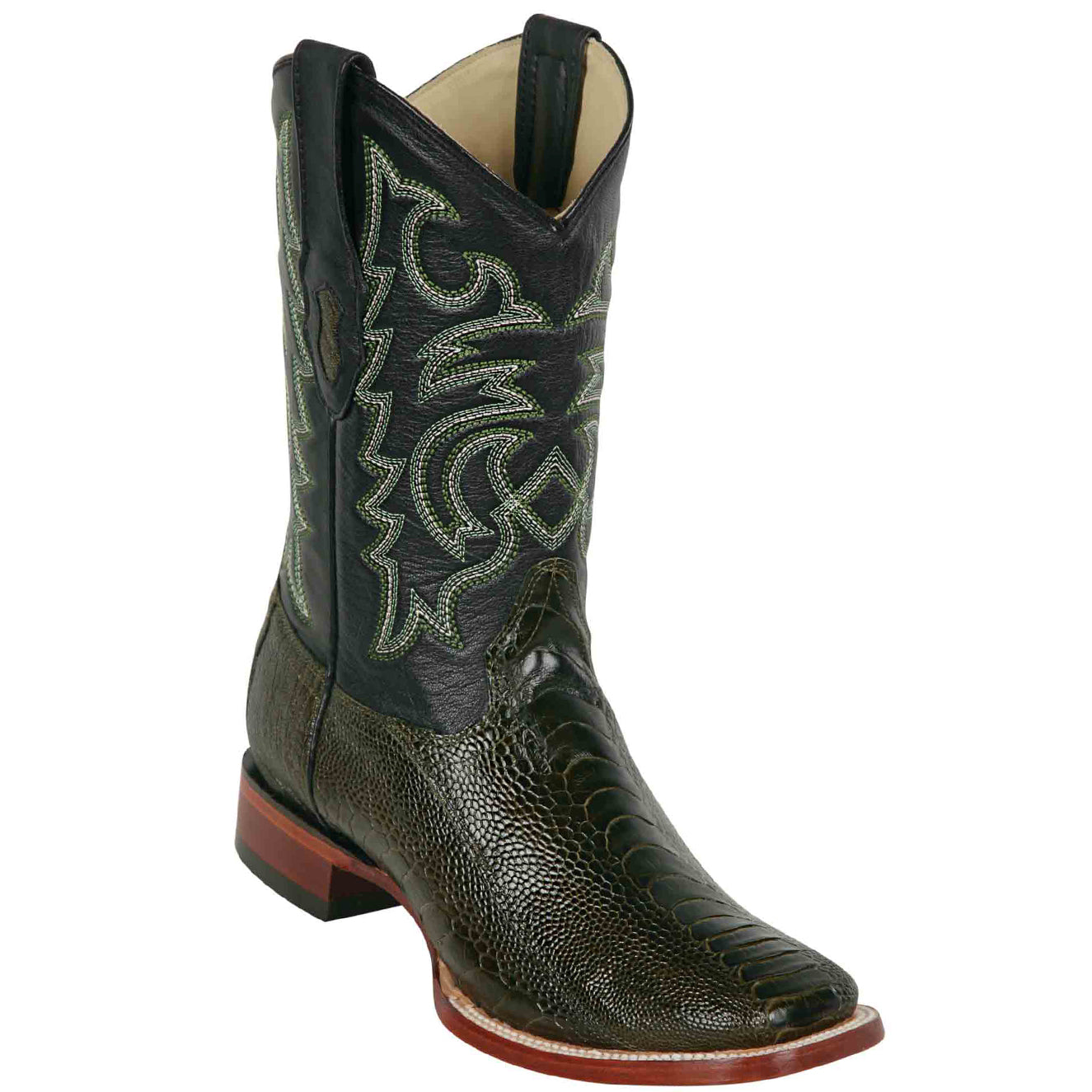 Ostrich Leg Square Toe Cowboy Boots Olive Green - Los Altos Boots