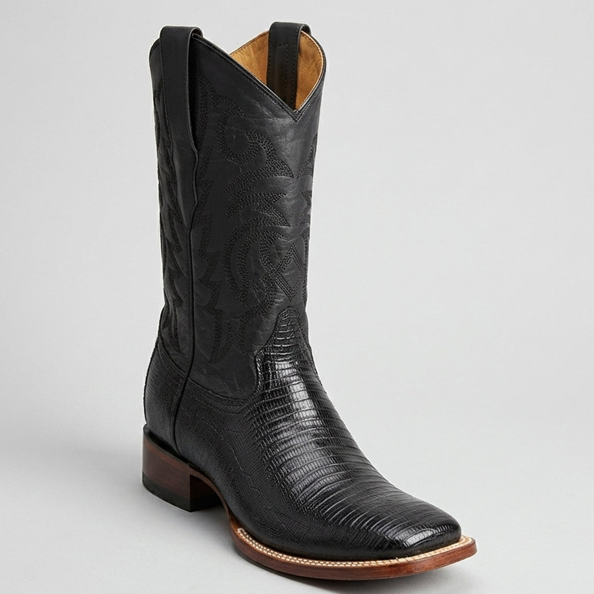 Los Altos men's black lizard leather square toe western boot.