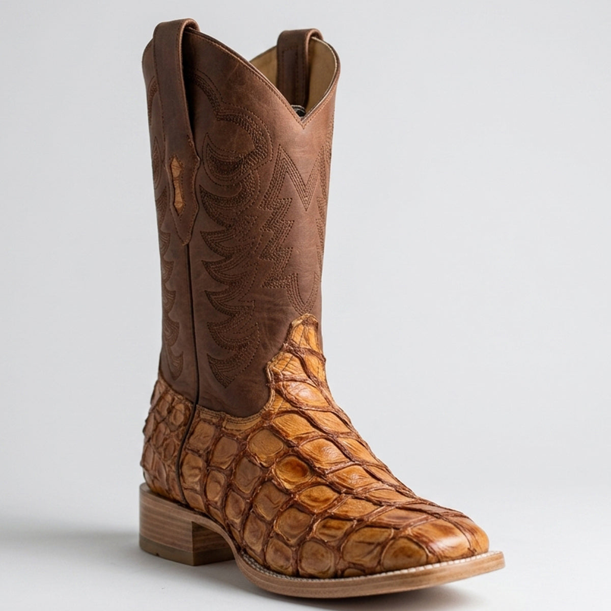 Los Altos mens light cognac brown pirarucu square toe western boot.