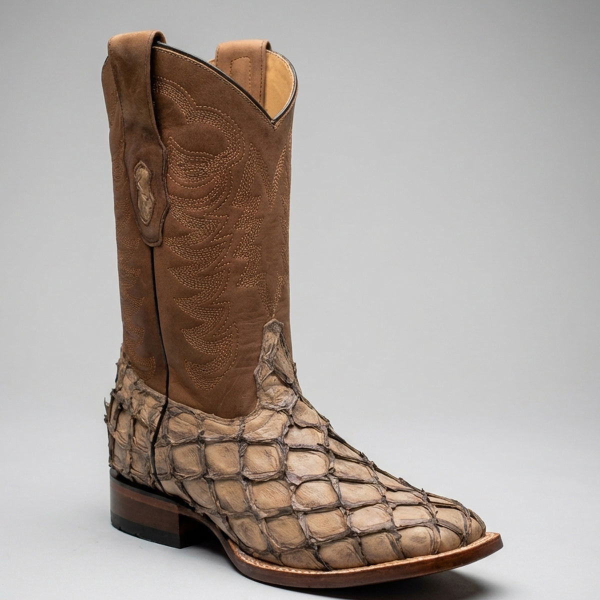 Los Altos men's light brown Pirarucu fish leather square toe western boot.