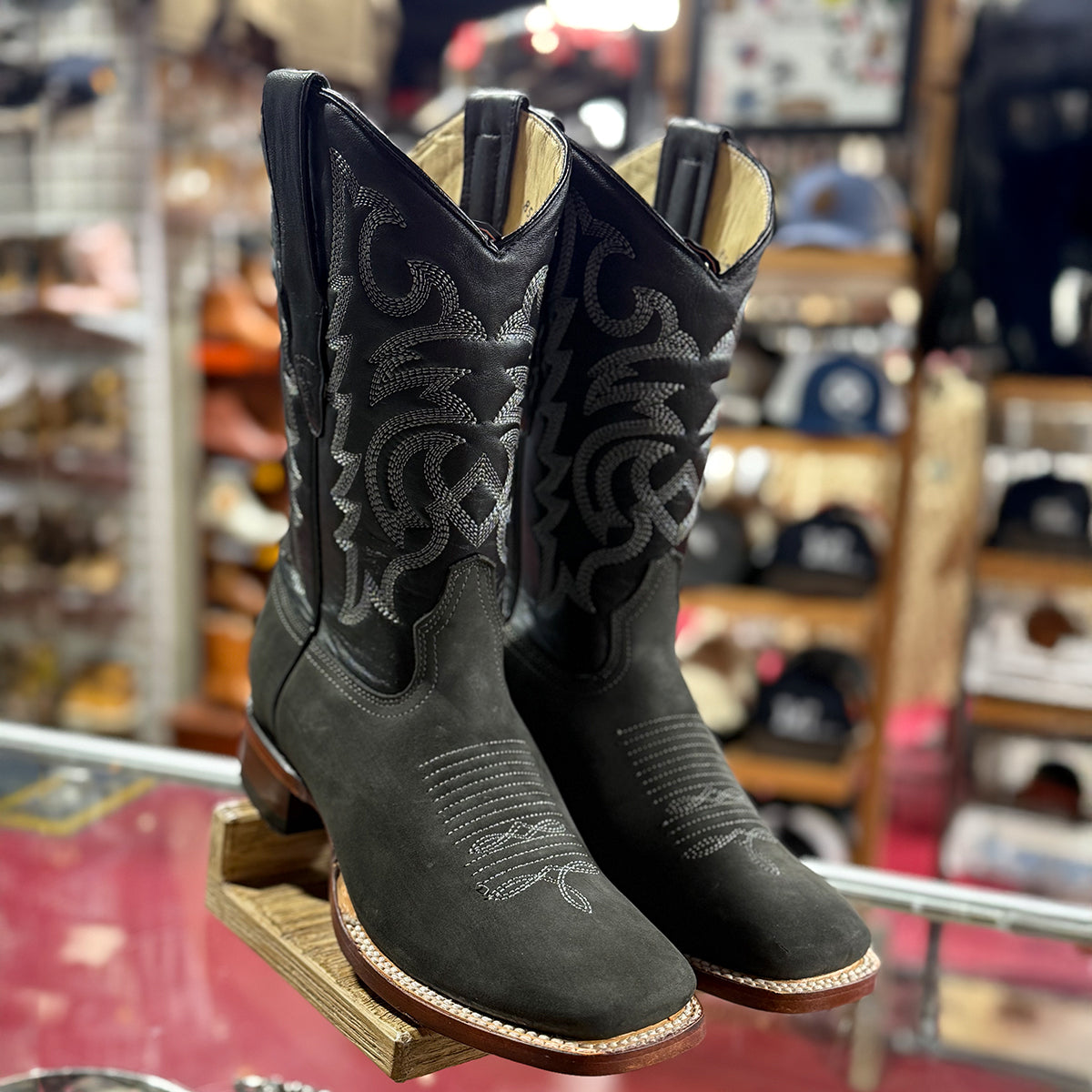 Pair of Los Altos gray square toe cowboy boots.