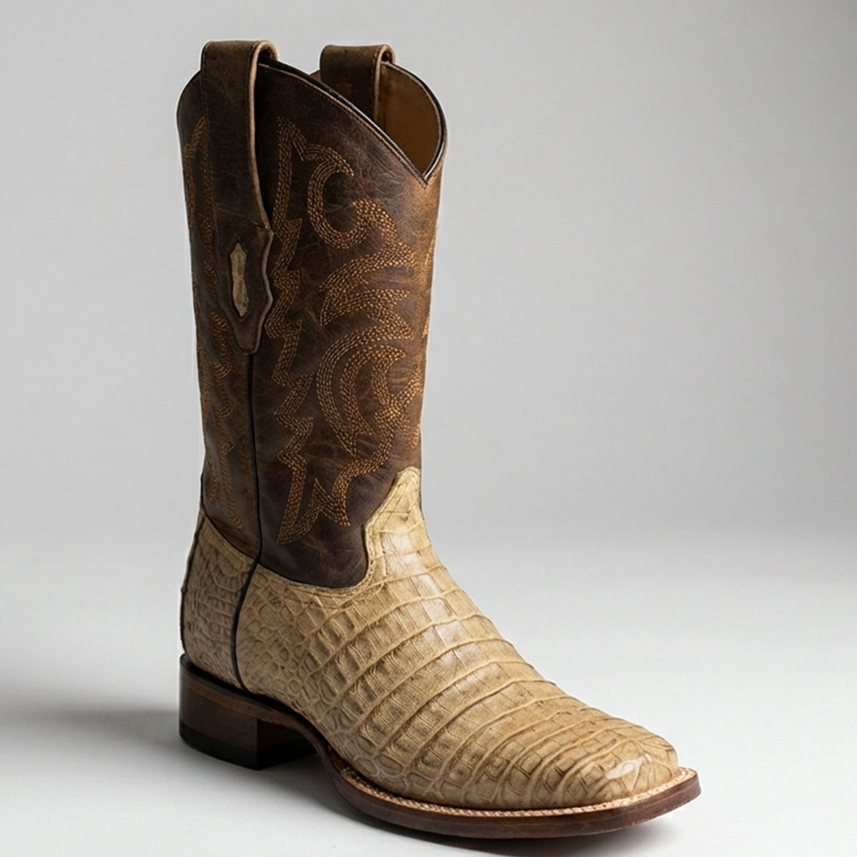 Los Altos men's light honey brown caiman belly square toe cowboy boot.