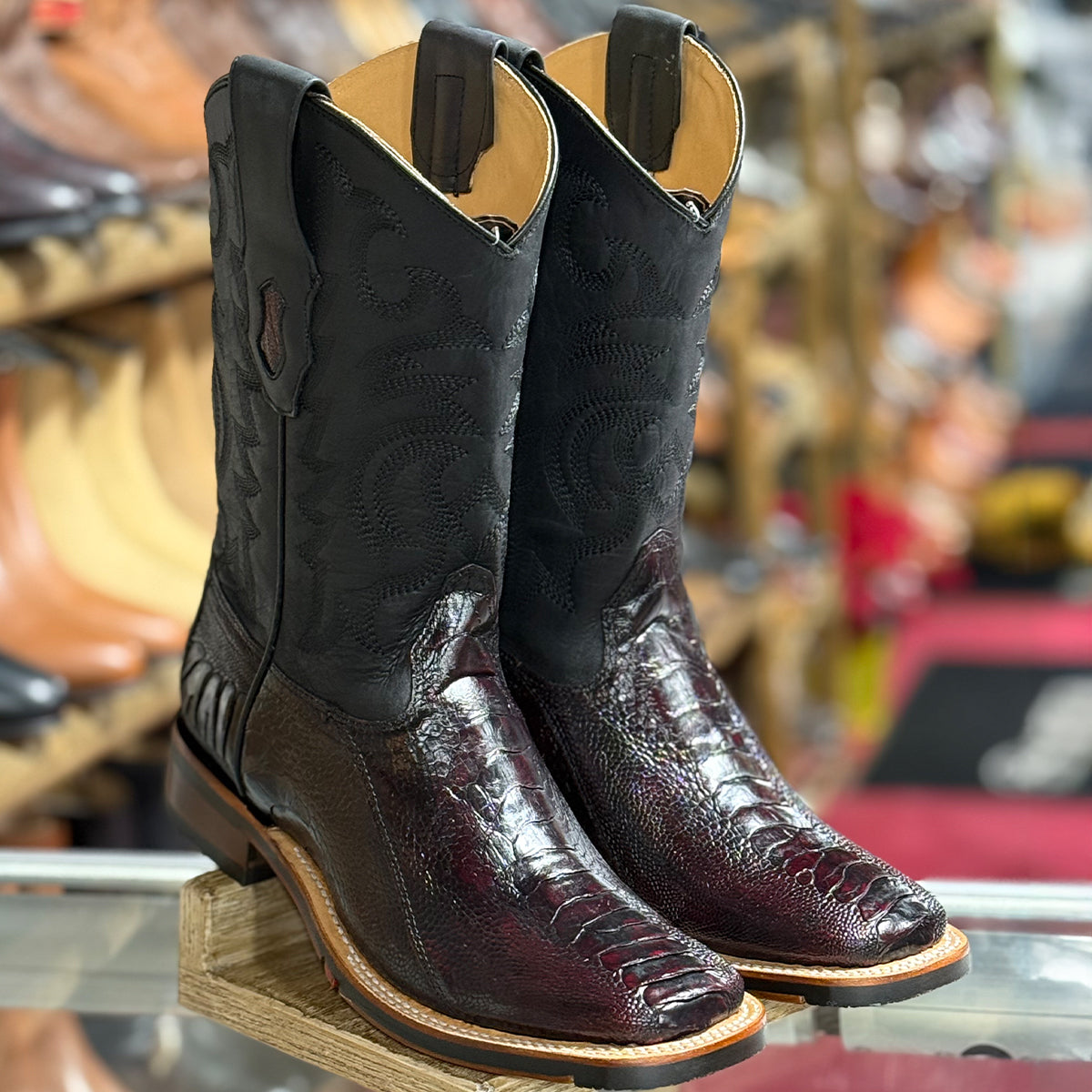 Los Altos Men's Black Cherry Ostrich Leg Square Toe Cowboy Boots