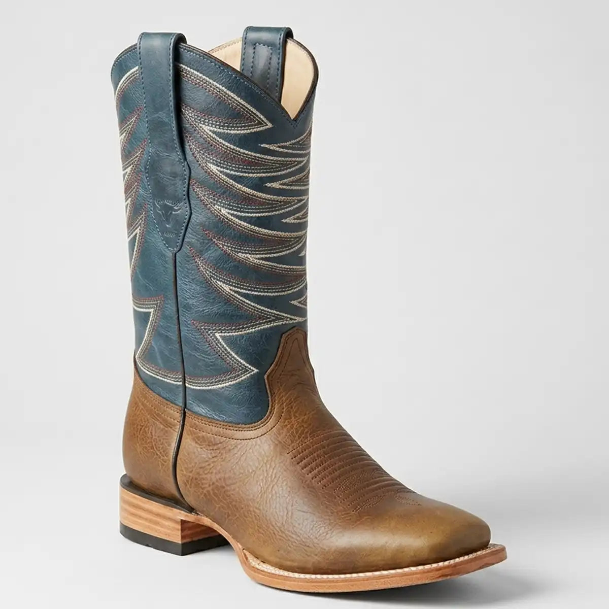 Los Altos Men's Honey brown leather square toe cowboy boot with vibrant blue embroidered 12-inch leather shaft.