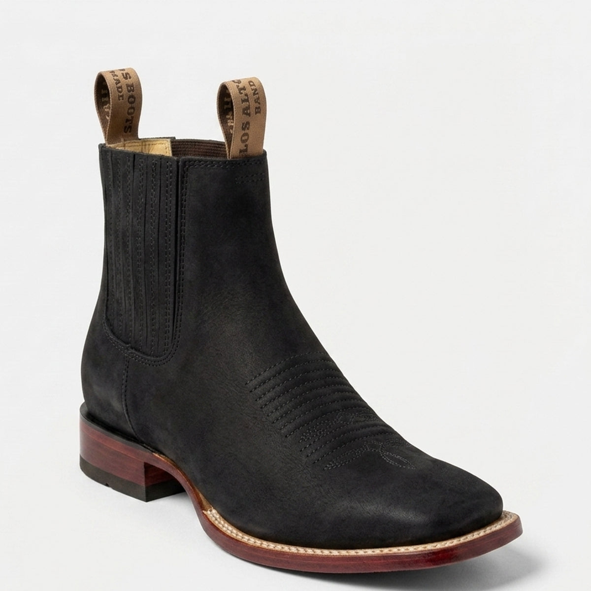 Los Altos Men's black nubuck leather Western ankle boots featuring a wide square toe, corded vamp stitching, double welt stitch, and elastic side gores.