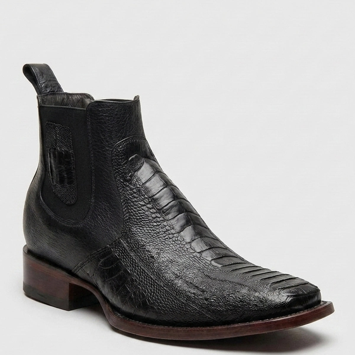 Los Altos men's black genuine ostrich leg leather Chelsea ankle boot featuring a distinct scaled texture, a square toe, and black elastic side panels.