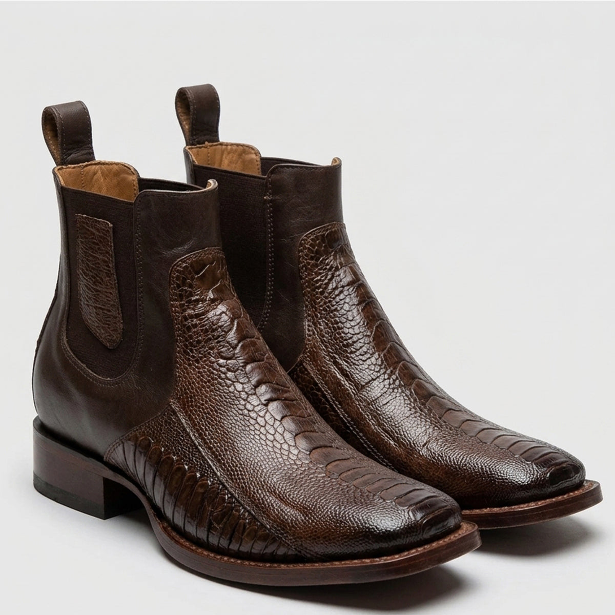 Los Altos men's brown genuine ostrich leg leather Chelsea ankle boots featuring a distinct scaled texture, a square toe, and brown elastic side panels.