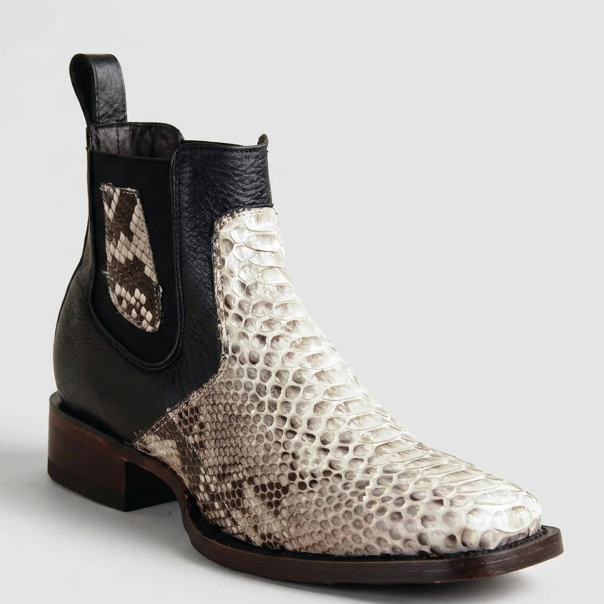 Los Altos men's natural python leather Chelsea ankle boot featuring a distinct cream and brown snakeskin pattern, a square toe, and black leather accents.